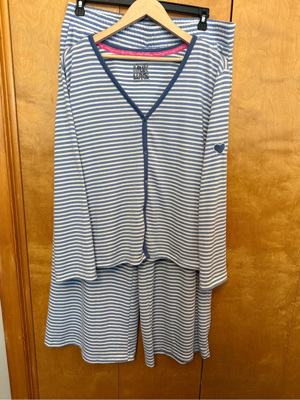 Muk Luks Pajama Lounge two piece set wide leg blue and white stripe size XL
